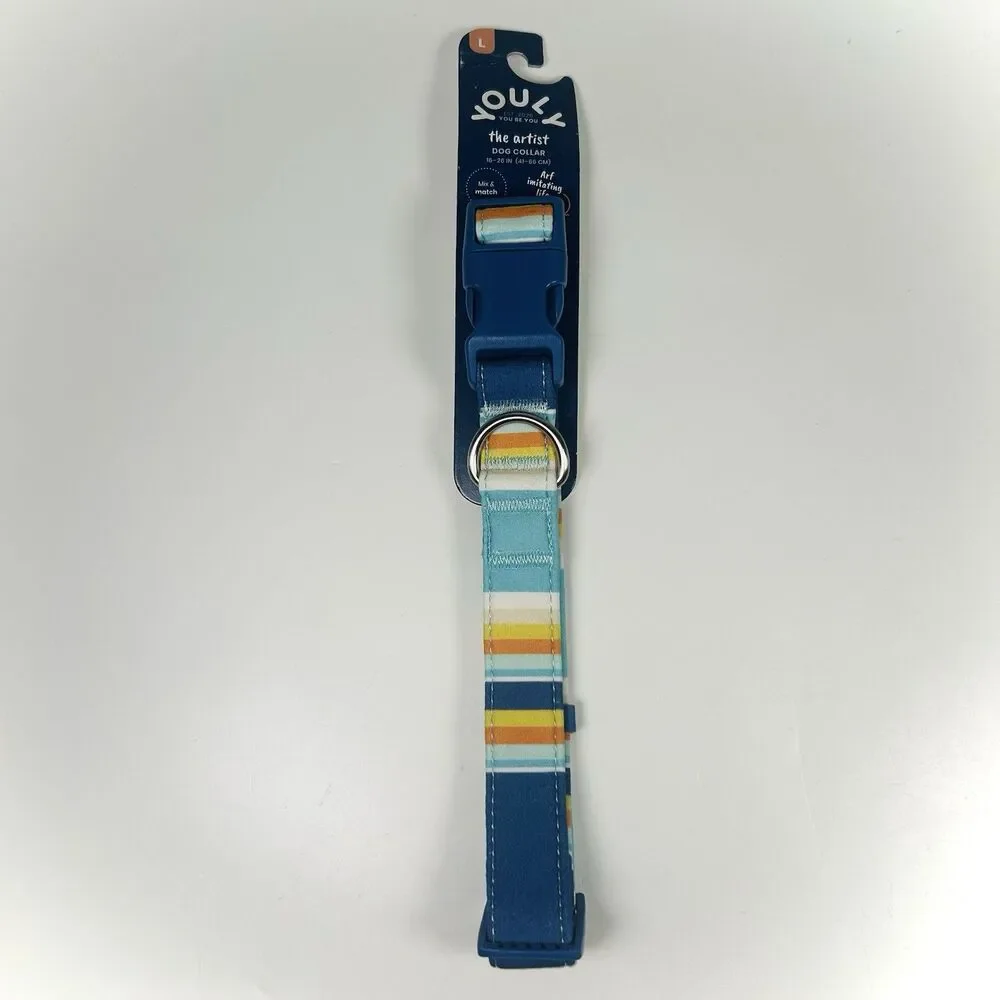 YOULY The Artist Blue/Orange Stripe Dog Collar, Large. By Youly 16-21 NWT